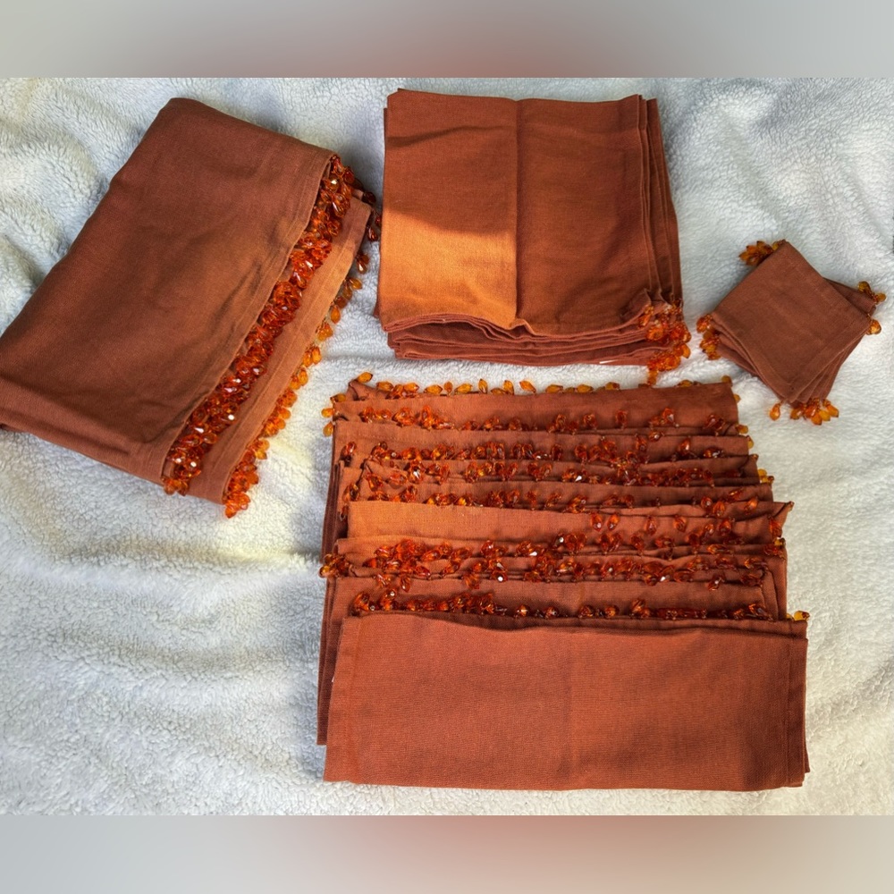 THANKSGIVING Dusty orange pottery barn beaded tablecloth SET
